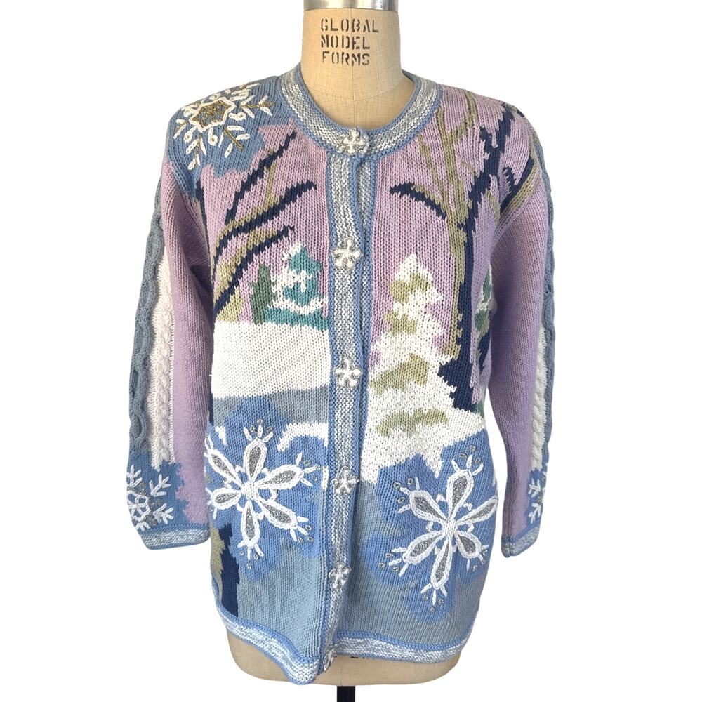 Storybook Knits Holiday Cardigan in Pastels Silver Size Medium